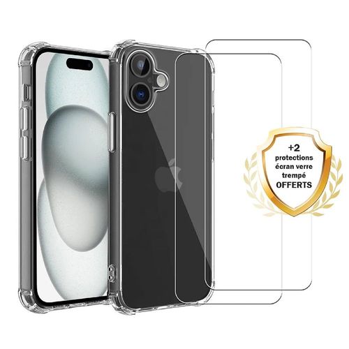 Coque Iphone 16 Antichoc Silicone + 2 Vitres En Verre Trempe Protection Ecran Evetane