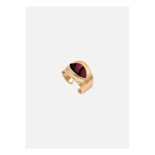 Satellite - Bague Ajustable Plumes Et Métal Doré - Rouge - Rouge