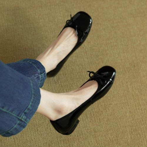 Ballerines En Cuir Verni Pour Femmes Chaussures Bateau N?ud Papillon Talons Bas Chaussures Plates Enfiler Mocassins Noirs Printemps Automne 1552n