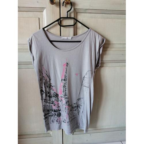 Tee Shirt Long Gris 3 Suisses Taille 36 Sérigraphié Devant Tour Eiffel