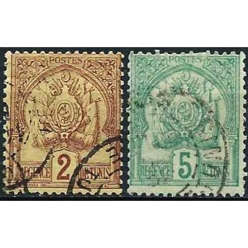 Tunisie, Protectorat Français 1888 - 93, Beaux Timbres Armes De Tunis Par Mouchon, Yvert 10 Et 11, 2c. Lilas Brun Sur Paille 5c. Vert, Oblitérés, Tbe -