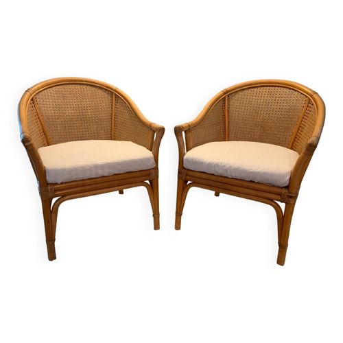Paire De Fauteuils Rotin Vintage Dossier En Cannage Bois