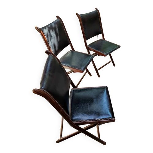 Lot De 3 Chaises Anciennes Type Thtre En Cuir Marron