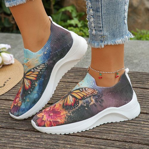 Baskets Respirantes À Imprimé Papillon Pour Femme,Chaussures Décontractées À Talons Plats,Mocassins Légers,Printemps 2024 - 42