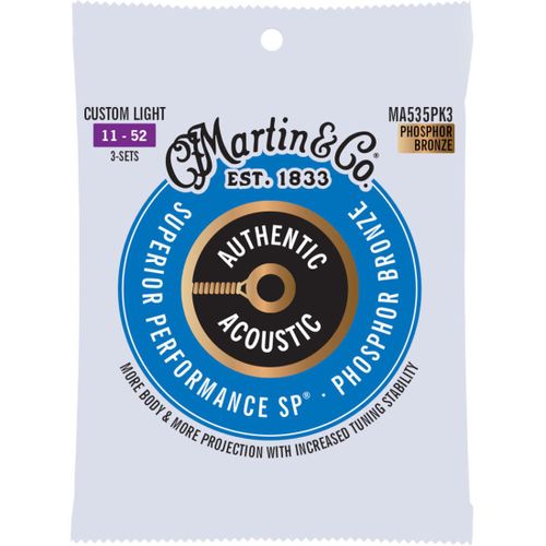 Martin Strings Ma535pk3 Authentic Acoustic Sp Phosphor Bronze 3-Pack Custom Light 11-52 Jeux De Cordes Pour Guitare Folk (Lot De 3)