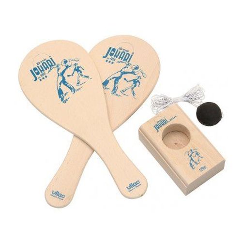 Le Vrai Jokari Du Jura - Raquettes, Socle, Balle Souple - Bois Massif - Classique, Traditionnel - Set Jeu Adresse Plein Air + Carte