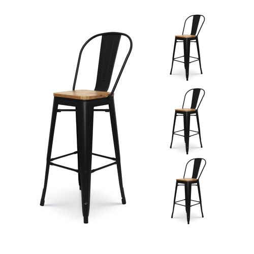 Kosmi - Lot De 4 Tabourets De Bar En Métal Noir Mat Style Industriel Avec Dossier Haut Et Assise En Bois Clair - Hauteur 76cm