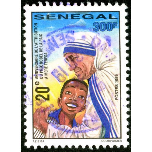 Timbre Oblitéré Sénégal, 20e Anniversaire De L'attribution Du Prix Nobel De La Paix À Mère Teresa, Postes 1999, 300f