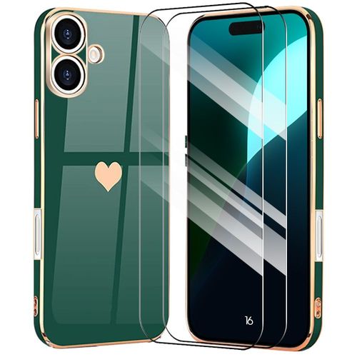 Coque Pour Iphone 16, Antichoc En Silicone Liquide Vert Nuit Avec Motif D¿Amour C?ur + 2 Verres Trempés - E.F.Connection