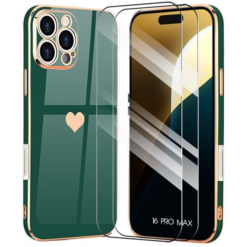 Coque + 2 Verres Trempés Pour Iphone 16 Pro Max, Antichoc En Silicone Vert Nuit Avec Motif De C?ur - E.F.Connection