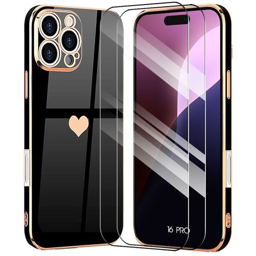 Coque Pour Iphone 16 Pro, Silicone Noir Avec Motif D¿Amour Plaqué, Protection Antichoc + 2 Verres Trempés - E.F.Connection