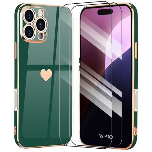 Coque + 2 Verres Trempés Pour Iphone 16 Pro, Silicone Vert Nuit Avec Motif D¿Amour Plaqué Or - E.F.Connection