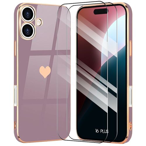 Coque Pour Iphone 16 Plus - Antichoc En Silicone Liquide Violet, Motif Luxe C?ur + 2 Verres Trempés - E.F.Connection