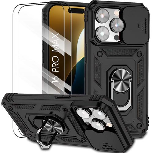 Coque + 2 Verres Trempés Pour Iphone 16 Pro Max, Bumper Antichoc Avec Anneau Support Et Protection Caméra - Noir - E.F.Connection