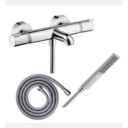 Hansgrohe - Pack mitigeur bain douche thermostatique Ecostat Comfort + Flexible Metaflex 160 cm + Pommeau de douche Pulsify E 100 EcoSmart chromé - Rose