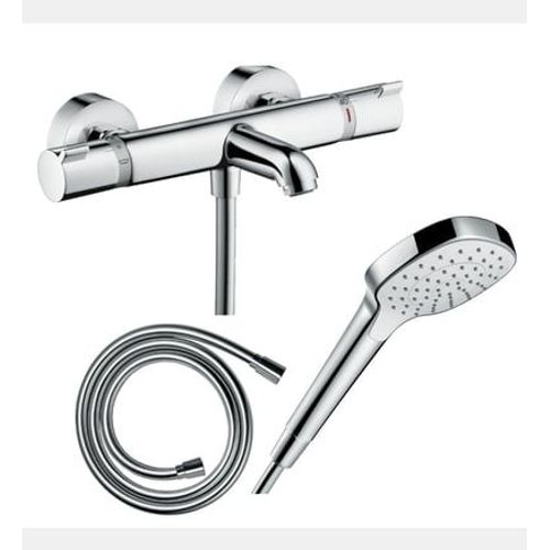 Hansgrohe - Pack mitigeur bain douche thermostatique Ecostat Comfort + Flexible Isiflex 160 cm + Pommeau de douche Croma Select E EcoSmart blanc/chromé - Rose