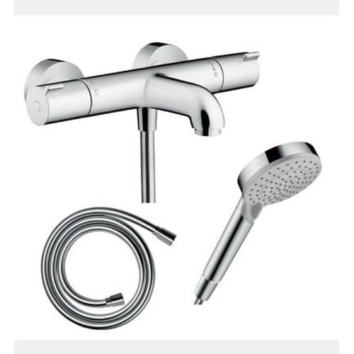 Hansgrohe - Pack mitigeur bain thermostatique Ecostat 1001CL + Flexible Isiflex + Pommeau Vernis Blend 100 EcoSmart 2jets chromé - Rose