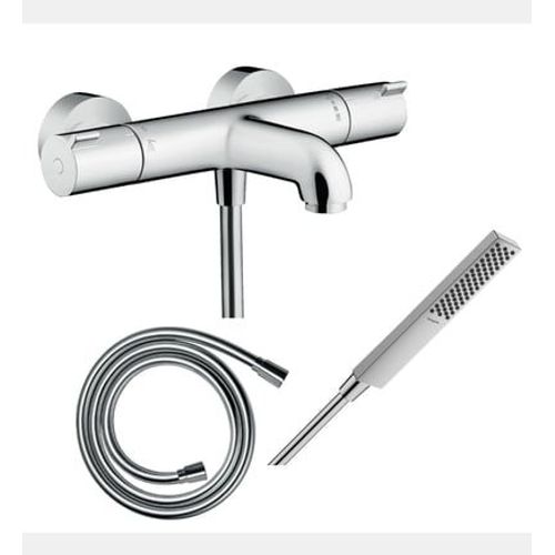 Hansgrohe - Pack mitigeur bain thermostatique Ecostat 1001CL + Flexible Isiflex + Pommeau Pulsify E 100 EcoSmart chromé - Rose