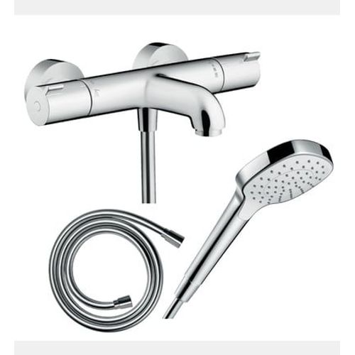 Hansgrohe - Pack mitigeur bain thermostatique Ecostat 1001CL + Flexible Isiflex + Pommeau Croma Select E EcoSmart blanc/chromé - Rose