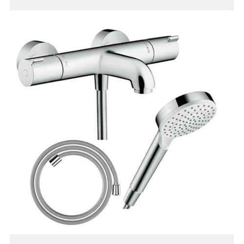 Hansgrohe - Pack mitigeur bain thermostatique Ecostat 1001CL + Flexible Designflex + Pommeau Vernis Blend 100 EcoSmart 1jet chromé - Rose