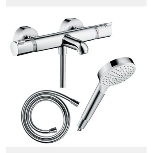 Hansgrohe - Pack mitigeur bain douche thermostatique Ecostat Comfort + Flexible Isiflex 160 cm + Pommeau de douche Vernis Blend 100 EcoSmart 1 jet chromé - Rose