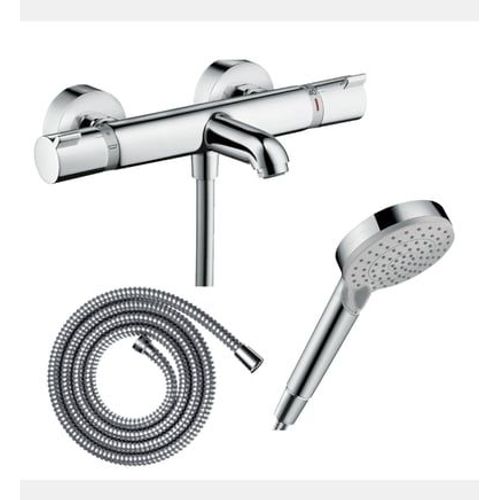 Hansgrohe - Pack mitigeur bain douche thermostatique Ecostat Comfort + Flexible Metaflex 160 cm + Pommeau de douche Vernis Blend 100 EcoSmart 2 jets chromé - Rose