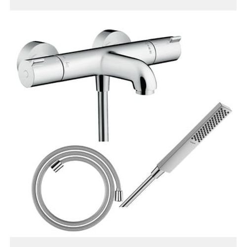Hansgrohe - Pack mitigeur bain thermostatique Ecostat 1001CL + Flexible Designflex + Pommeau Pulsify E 100 EcoSmart chromé - Rose