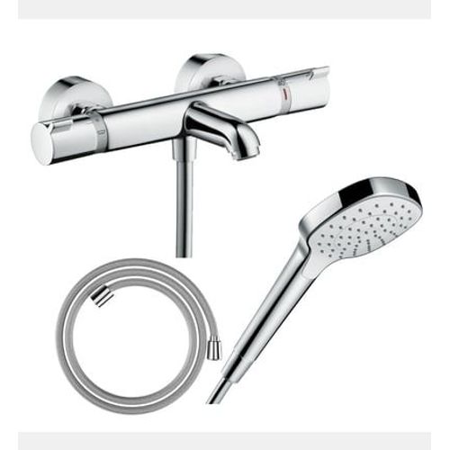 Hansgrohe - Pack mitigeur bain douche thermostatique Ecostat Comfort + Flexible Designflex 160 cm + Pommeau de douche Croma Select E EcoSmart blanc/chromé - Rose