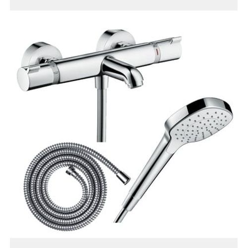 Hansgrohe - Pack mitigeur bain douche thermostatique Ecostat Comfort + Flexible Metaflex 160 cm + Pommeau de douche Croma Select E EcoSmart blanc/chromé - Rose