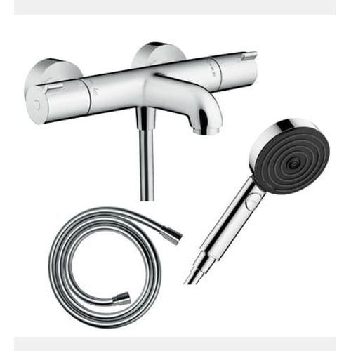 Hansgrohe - Pack mitigeur bain thermostatique Ecostat 1001CL + Flexible Isiflex + Pommeau Pulsify Select EcoSmart 105 3jets chromé - Rose