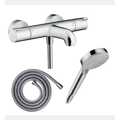 Hansgrohe - Pack mitigeur bain thermostatique Ecostat 1001CL + Flexible Metaflex + Pommeau Vernis Blend 100 EcoSmart 2jets chromé - Rose