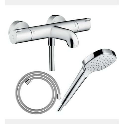 Hansgrohe - Pack mitigeur bain thermostatique Ecostat 1001CL + Flexible Designflex + Pommeau Croma Select E EcoSmart blanc/chromé - Rose
