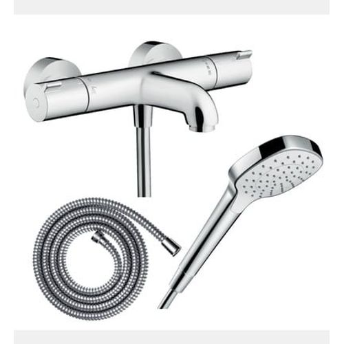 Hansgrohe - Pack mitigeur bain thermostatique Ecostat 1001CL + Flexible Metaflex + Pommeau Croma Select E EcoSmart blanc/chromé - Rose