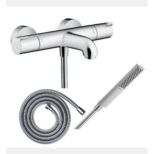 Hansgrohe - Pack mitigeur bain thermostatique Ecostat 1001CL + Flexible Metaflex + Pommeau Pulsify E 100 EcoSmart chromé - Rose