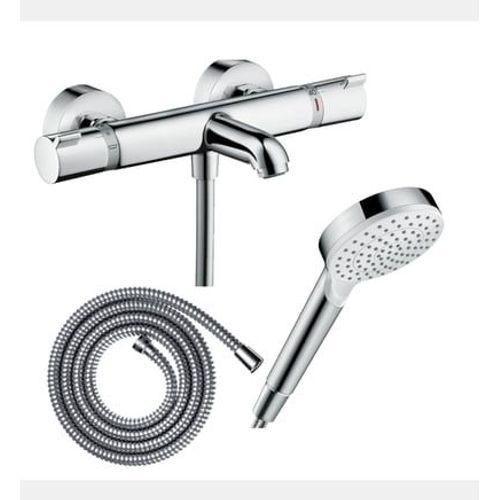Hansgrohe - Pack mitigeur bain douche thermostatique Ecostat Comfort + Flexible Metaflex 160 cm + Pommeau de douche Vernis Blend 100 EcoSmart 1 jet chromé - Rose