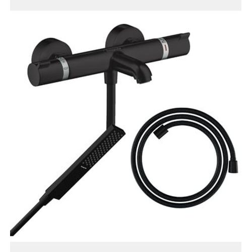 Hansgrohe - Pack mitigeur bain douche thermostatique Ecostat Comfort + Flexible Designflex + Pommeau Pulsify E noir mat - Noir