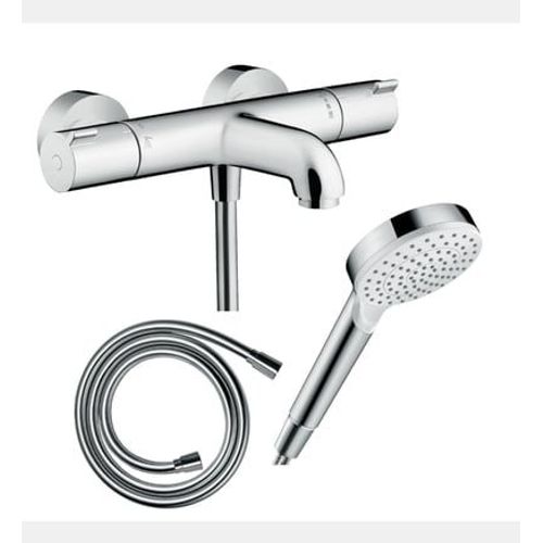 Hansgrohe - Pack mitigeur bain thermostatique Ecostat 1001CL + Flexible Isiflex + Pommeau Vernis Blend 100 EcoSmart 1jet chromé - Rose