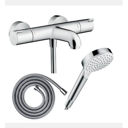 Hansgrohe - Pack mitigeur bain thermostatique Ecostat 1001CL + Flexible Metaflex + Pommeau Vernis Blend 100 EcoSmart 1jet chromé - Rose