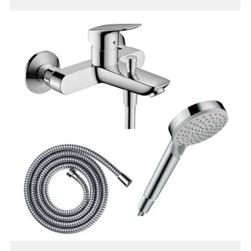 Hansgrohe - Pack mitigeur bain douche mécanique Logis + Flexible Metaflex + Pommeau Vernis Blend 100 EcoSmart 2jets chromé - Rose