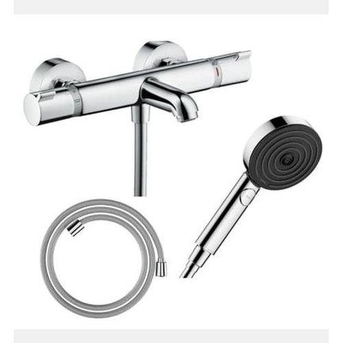 Hansgrohe - Pack mitigeur bain douche thermostatique Ecostat Comfort + Flexible Designflex 160 cm + Pommeau de douche Pulsify Select EcoSmart 105 3 jets relaxation chromé - Rose