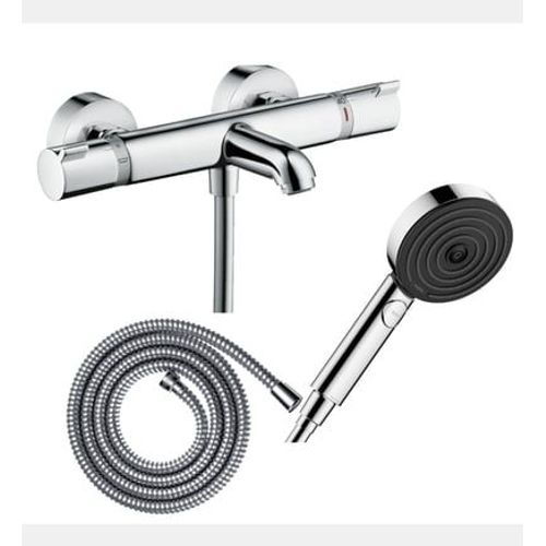 Hansgrohe - Pack mitigeur bain douche thermostatique Ecostat Comfort + Flexible Metaflex 160 cm + Pommeau de douche Pulsify Select EcoSmart 105 3 jets relaxation chromé - Rose