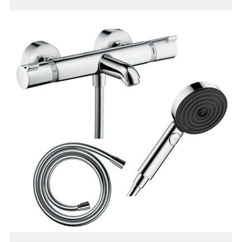 Hansgrohe - Pack mitigeur bain douche thermostatique Ecostat Comfort + Flexible Isiflex 160 cm + Pommeau de douche Pulsify Select EcoSmart 105 3 jets relaxation chromé - Rose