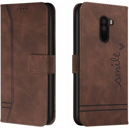 Hicaseer Simplicity Coque Pour Pocophone F1, Étui À Rabat En Cuir Résistant Aux Chocs Avec Porte-Cartes Et Béquille Pour Xiaomi Pocophone F1 15,7 Cm ? Café