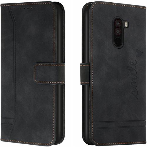 Hicaseer Simplicity Coque Pour Pocophone F1, Étui À Rabat En Cuir Résistant Aux Chocs Avec Porte-Cartes Et Béquille Pour Xiaomi Pocophone F1 15,7 Cm \U2013 Noir