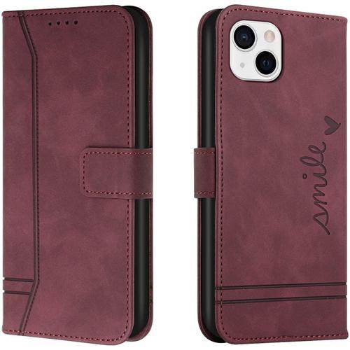 Hicaseer Simplicity Étui À Rabat En Cuir Pour Iphone 13 6,1"" Avec Porte-Cartes Et Béquille Rouge Vin