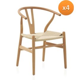 Lot De 4 Fauteuils En Hêtre Avec Assise Tressée