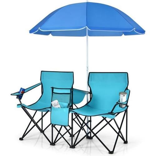 Chaise De Camping Pliante 2 Places Avec Sac Isotherme, Parasol, Porte-Gobelet, Accoudoirs - Costway - Vert