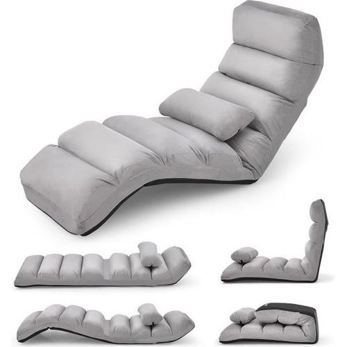 Costway Fauteuil Relax Pliable, Dossier 90°-180° Réglable Sur 5 Positions En Faux Daim Avec Oreiller Pour Salon, Chambre Gris