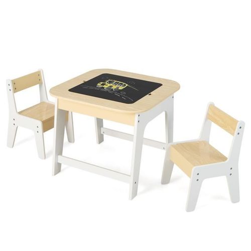 Costway Table Avec 2 Chaises Enfants 3-6 Ans - Plateau 2 Face : Noir Et Blanc, Dessin Effaçable, Espace De Rangement Caché
