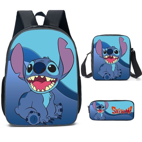 Sac à dos motif dessin animé Stitch, cartable pour garçons et filles, sac à dos grande capacité, ensemble trois pièces de sac à dos Stitch (sac à dos, trousse et sac messager)